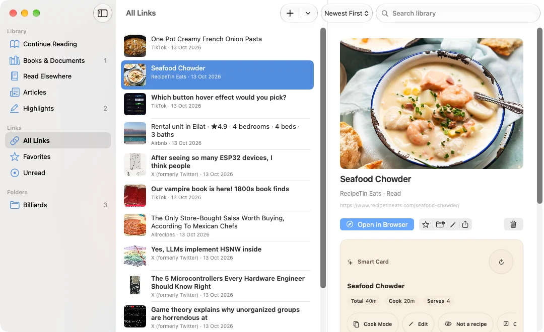 LinkBook’s library window on a Mac with a recipe Smart Card
